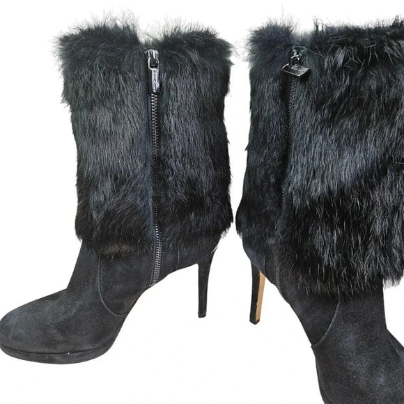 Michael Kors Black Faye Bootie Genuine Rabbit Fur and Suede Stilleto Size 8.5 M - Picture 4 of 9
